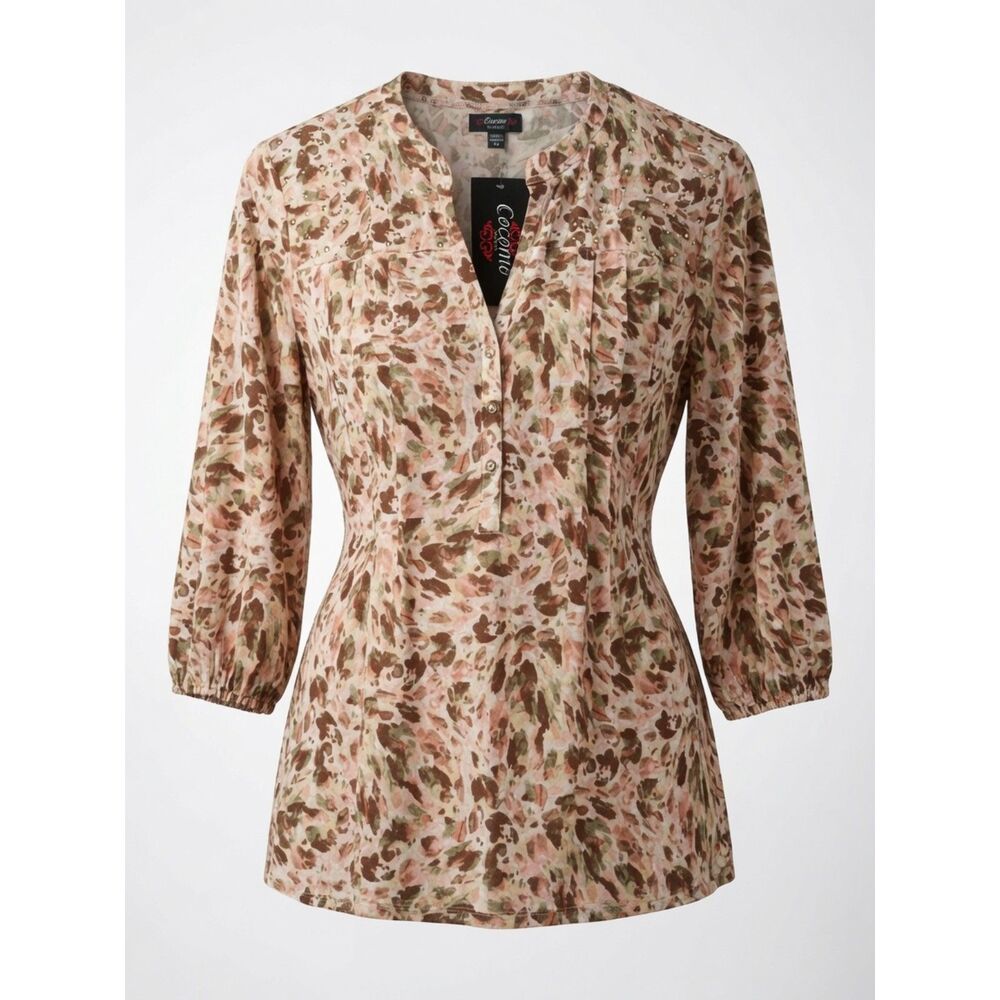 Cocomo Women's Plus Size 3X Pink Multi Gold Studded Pintuck 3/4 Sleeve Top